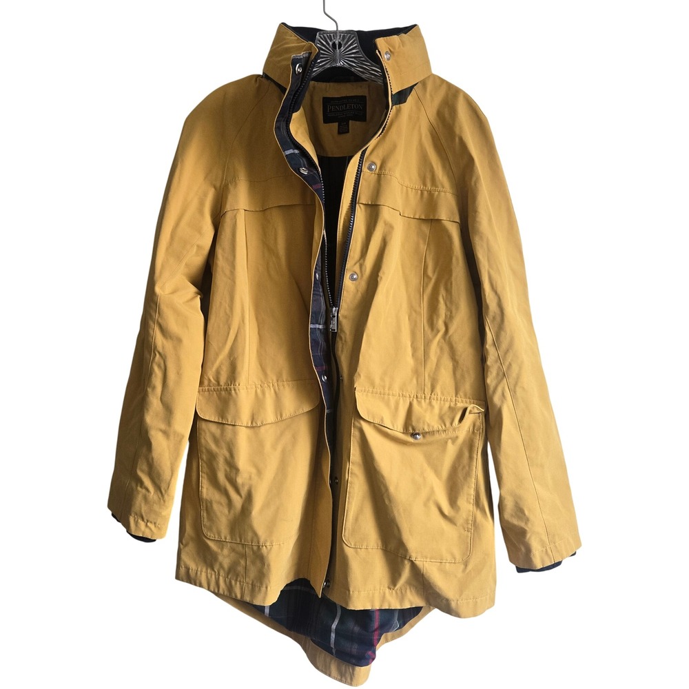 Pendleton Large Rain Jacket Women Mustard Yellow Excellent Plaid Lined Hooded
